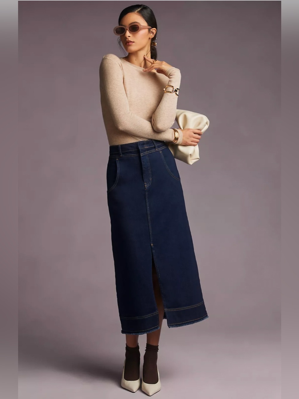 Anthropologie Pilcro Slit-Front Denim Midi Skirt in Blue Size 2 P